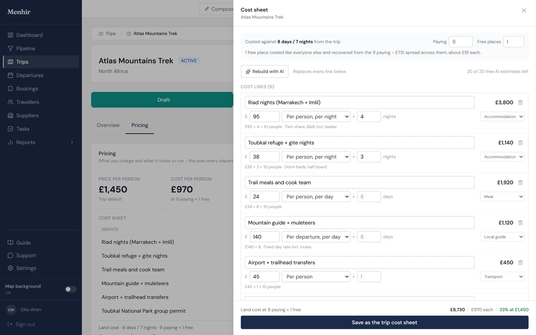 The cost sheet for a trip: each line carries a rate and a unit, such as per person per night, with the working shown and a land cost per person at the foot.