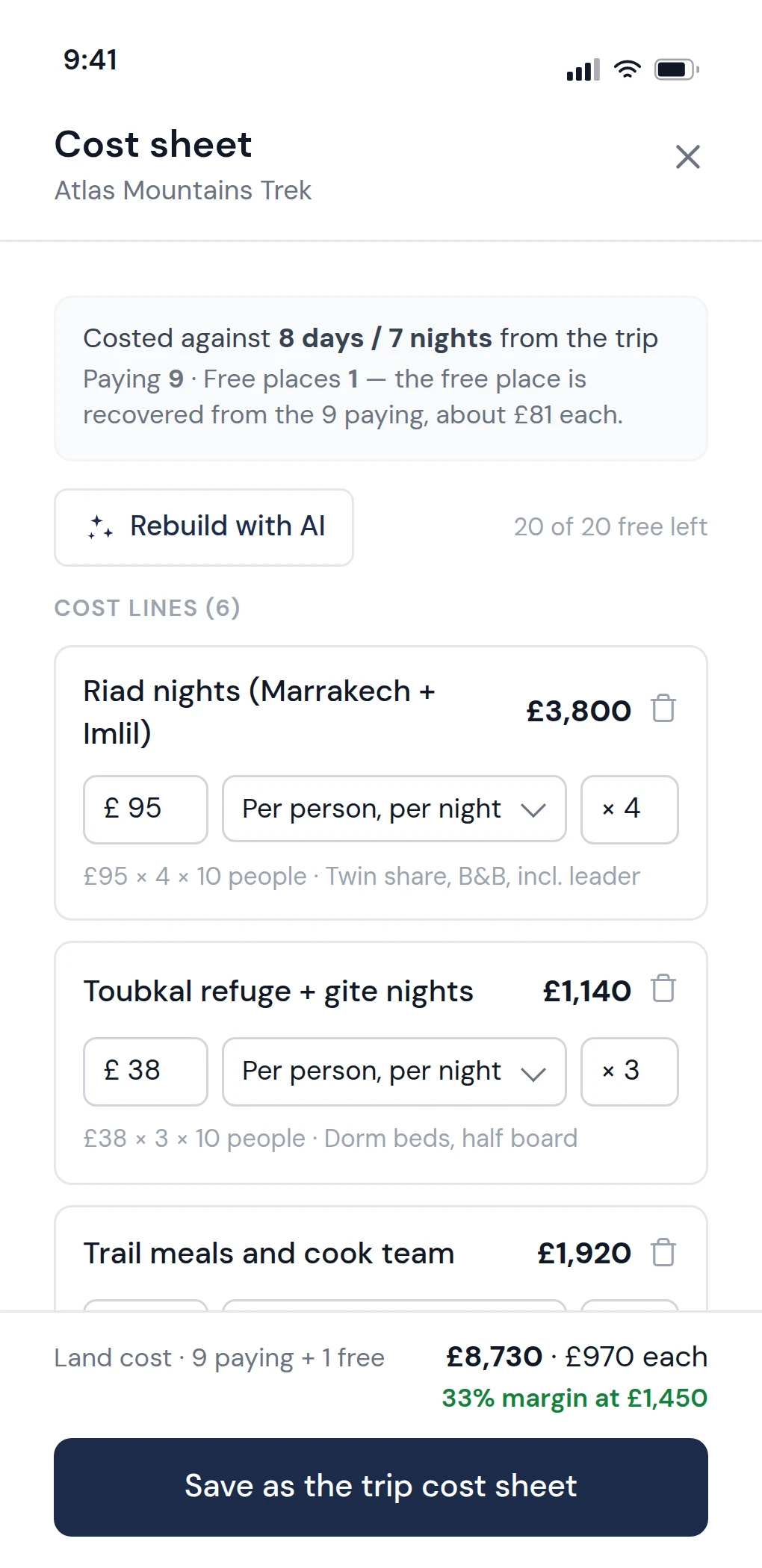 The cost sheet on a phone: each line carries a rate and a unit, with the land cost per person and the margin at the foot.