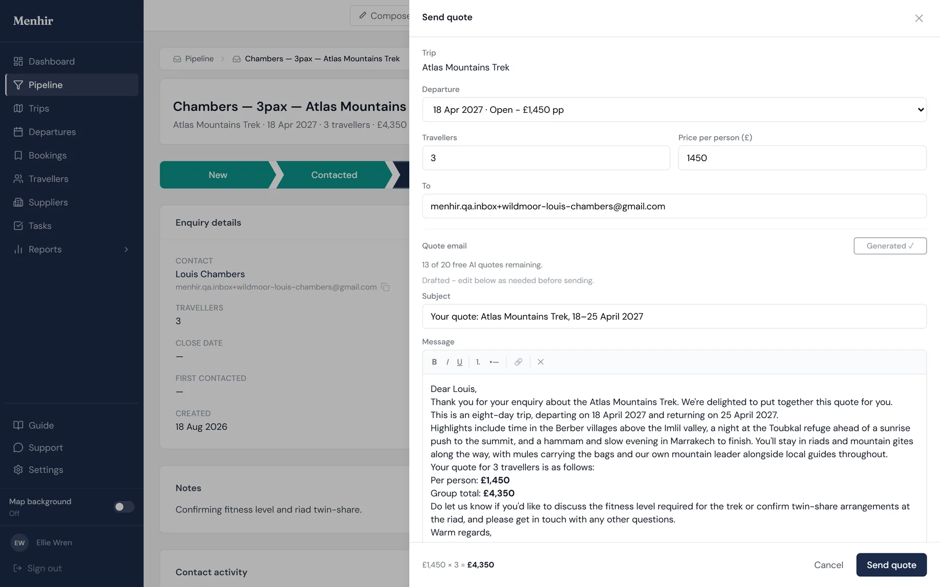The send-quote panel open over an enquiry, with the quote email drafted by AI, a price per person and a branded PDF ready to attach.